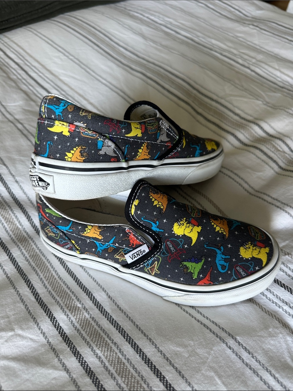 Vans Kids Black Slip-On Sneakers with Multicolor Dinosaur Print